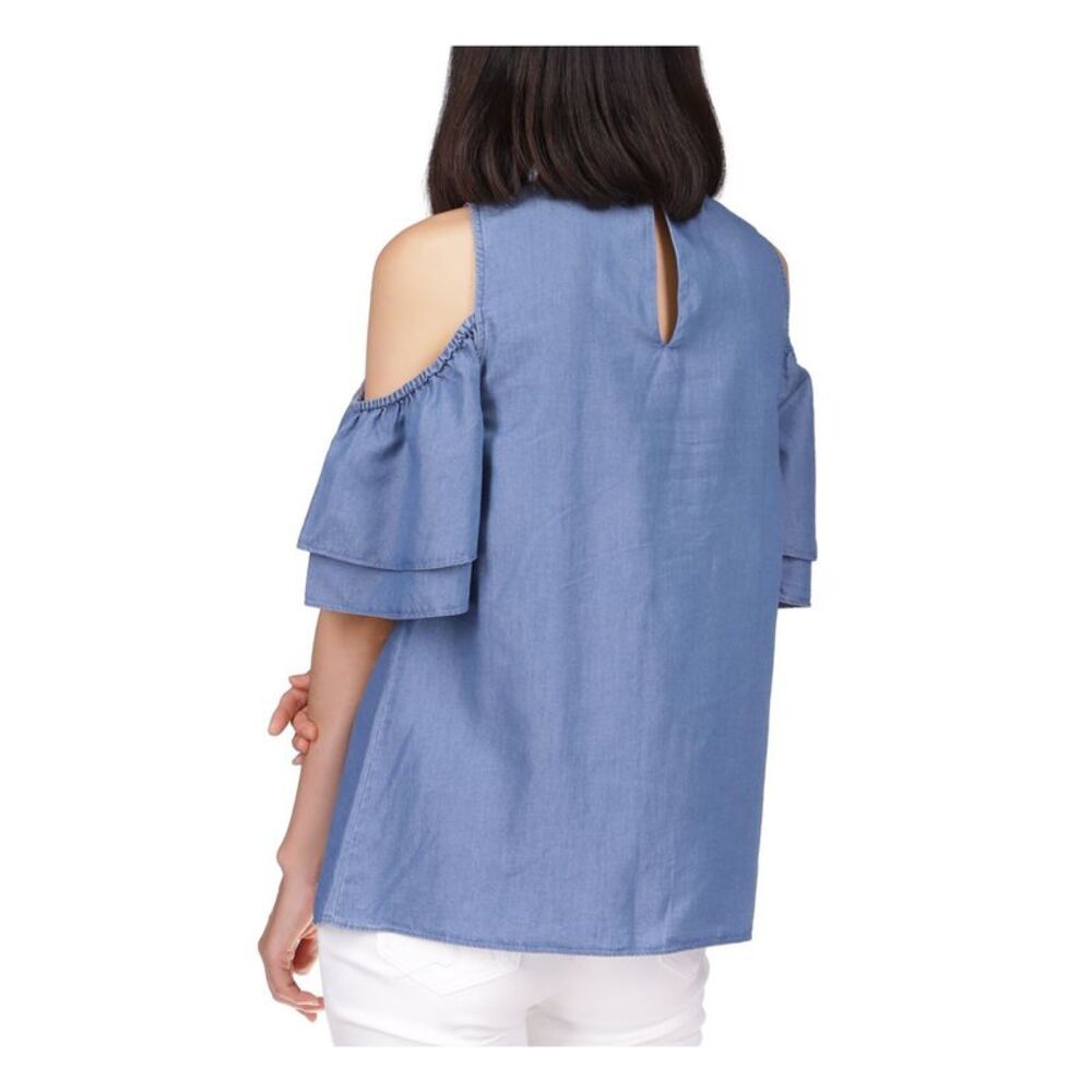 MICHAEL MICHAEL KORS Womens Blue Keyhole Back Flutter Sleeve Round Neck Top XS - Picture 2 of 4